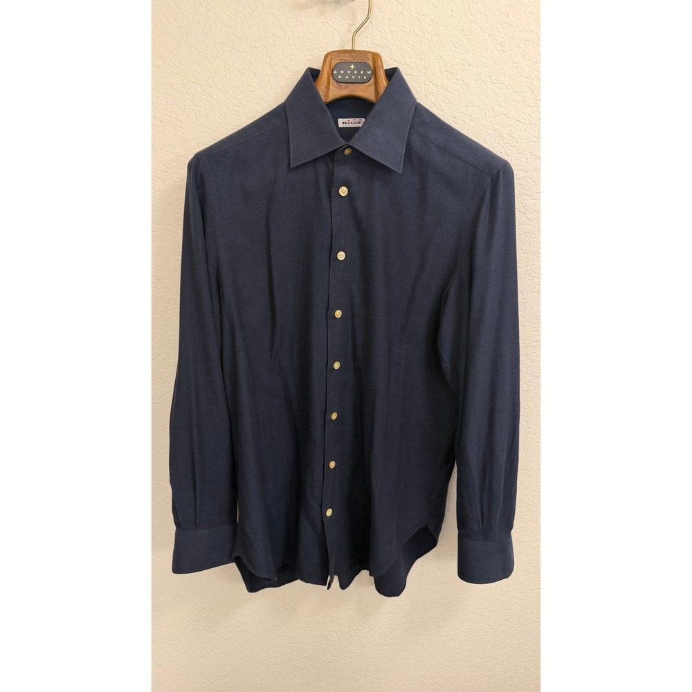 Kiton Su Misura Mens Navy Blue Jersey Cotton Button Down Shirt Italy 16/41